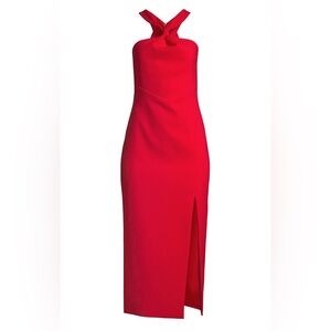 Likely Red Maxi Sheath Dress with Slit and Halter Neckline for Cocktail